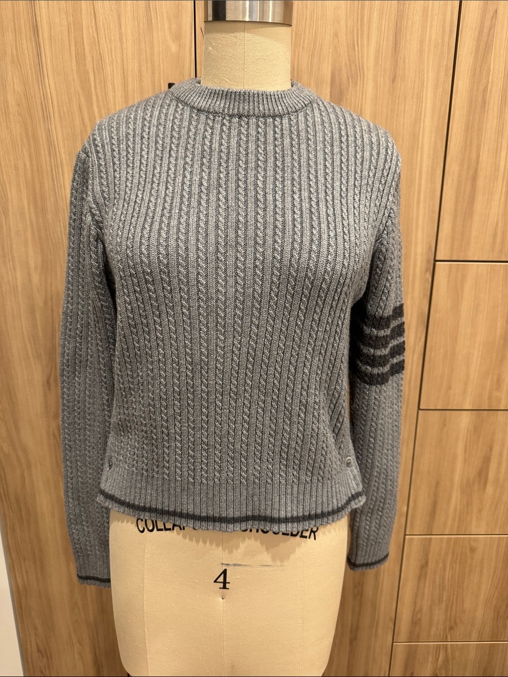 Thom Browne Gray Ribbed Cable Crewneck Sweater with Sleeve Stripes